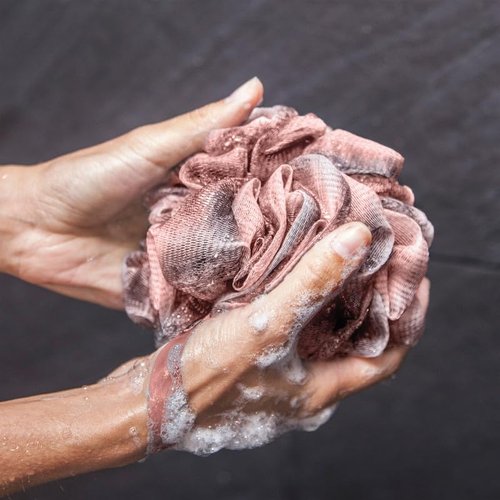 Toem® Loofah Back Scrubber for Shower | Bamboo Charcoal Fiber Infused | Loufas for Men & Women | Includes 1 Long Handled Shower Sponge, 1 Bath & Shower Luffa Pouf & 1 Hook to Hang Stuff (Rose Pink)