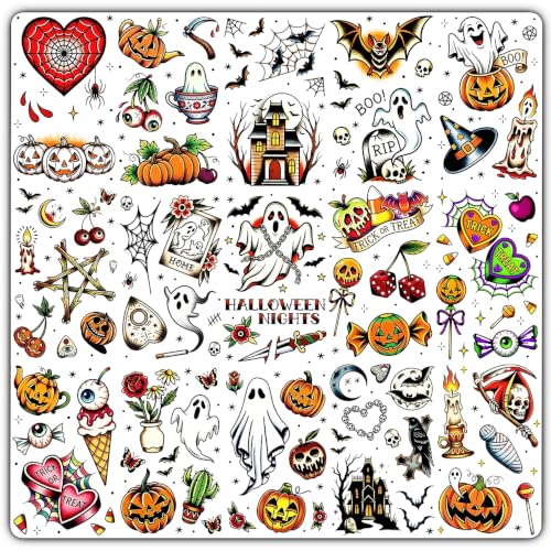 Halloween Temporary Tattoos Set for Kids & Adults - Vintage Retro Designs, 36 Sheets