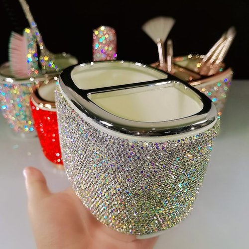 Bestbling Luxury Bling Rhinestone-Embellished Makeup Organizer Box Storage – Large Capacity Cosmetic Brush Lipstick Eyebrow Pencil Storage Box and Desktop Organizer Rack (Silver)