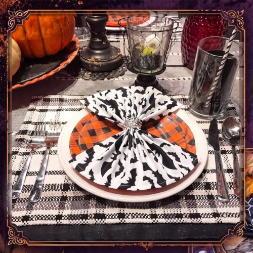 Halloween Cloth Napkins & Skeleton Claw Napkin Rings Set - Spider Web Black & White Variation