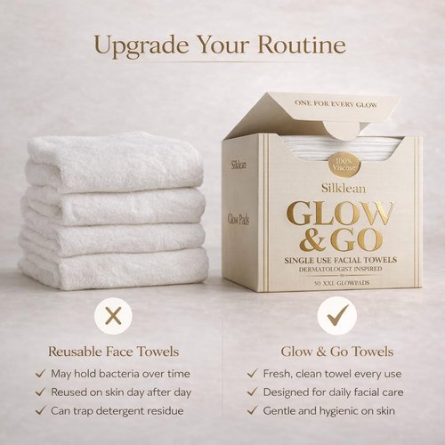 Silklean Glow and Go, XL Disposable Face Towel 10x15 inch, 100% Biodegradable Premium Towels for Fine Line Prevention and Smooth Radiant Skin, 50 Count, Chemical-Free-1 PACK