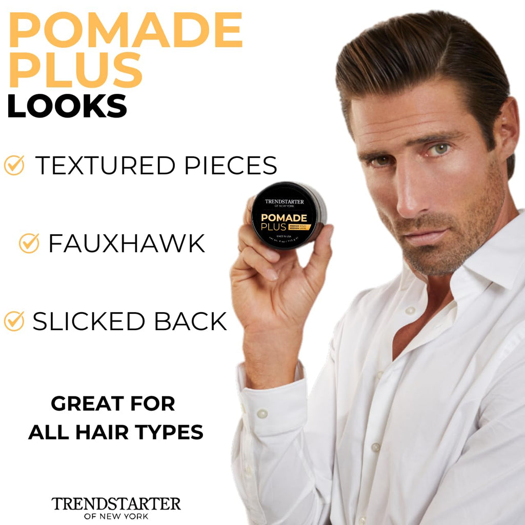 TRENDSTARTER Pomade Plus - Medium Hold & Shine - 4oz Flake-Free Water-Based Hair Gel for All Hair Types