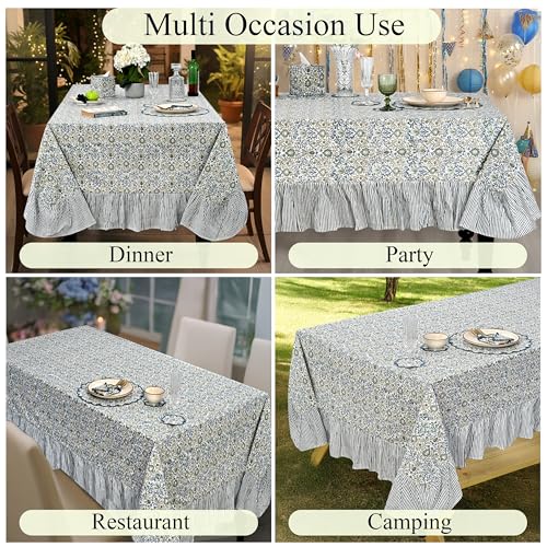 Ridhi Indigo Blue Ruffle Hand Block Print Cotton Tablecloth 70x108 in - Rectangular