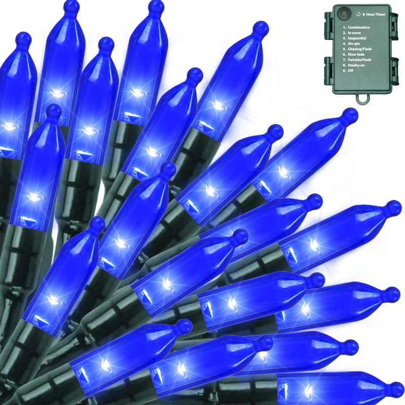 Blue Christmas String Lights - 50 LED Outdoor Mini Lights with 8 Modes & Timer - Waterproof Battery Operated, 16ft
