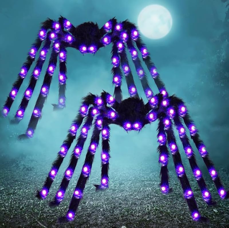 Giant Halloween Spider Lights - 5 Ft Outdoor Decor with Purple LED, Spooky Garden Props Set of 2