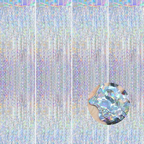 Silver Wave Fringe Curtain Streamer 4 Pack - Metallic Tinsel Backdrop for Parties