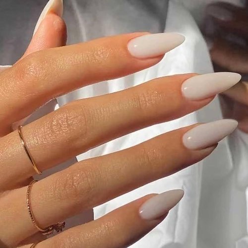 Skiennix Cream White Press-On Nails - Medium Almond Glossy Acrylic False Nails for Women