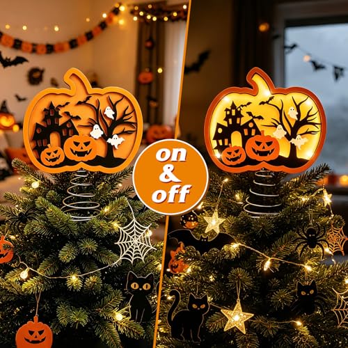 Halloween Pumpkin Tree Topper 9 Inch Shadow Box with LED Ghost & Pumpkin Lights
