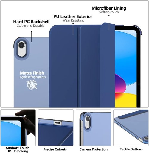 MoKo iPad Case - Slim Translucent Hard Shell for 11" (A16) & 10.9" (10th Gen) - Navy Blue, Touch ID Support