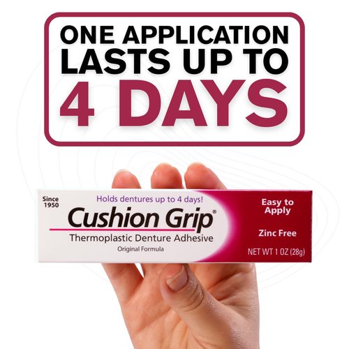 Cushion Grip Thermoplastic Denture Adhesive 1oz (5-Pack)–Extra Strong Hold Up to 4 Days, Unmatched Strength, Waterproof & Zinc Free, Relieves Sore Gums, Comfortable Refit, Long Lasting Denture Refit