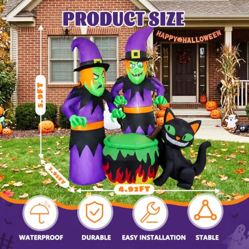Halloween Inflatable Outdoor Decoration with 2 Witches and Black Cat - 6FT Lighted Yard Decor
