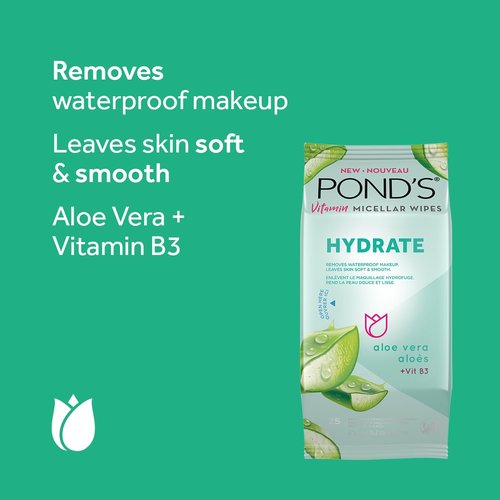 Pond's Vitamin Micellar Wipes - Hydrating Aloe Vera for Dry Skin | Removes Waterproof Makeup, 25 Wipes (Pack of 2)