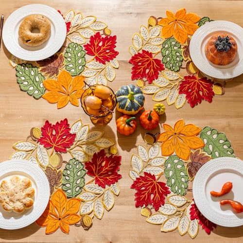 Thanksgiving Fall Placemat Set of 4 - Round Colorful Maple Leaves Table Decor