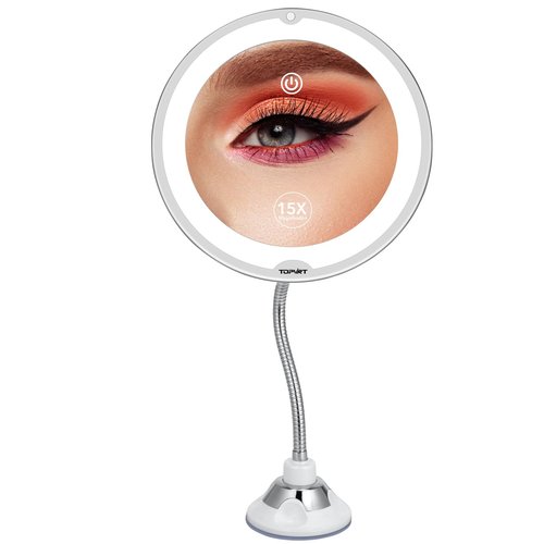 TOPVIRT Flexible 15X Magnifying Suction Mirror - Dimmable LED Vanity Mirror, Power Suction Cup, Portable for Home Bathroom - Ideal for Detailed Makeup Eyeshadow Eyeliner (Large)