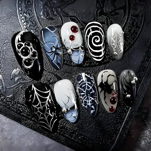 Halloween Press On Nails with Steel Balls & Blood Drip Design - Diamond Spider Variation