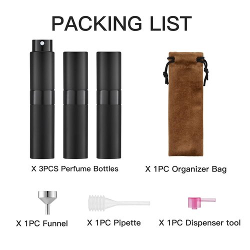 LISAPACK 8ML Atomizer Perfume Spray Bottle - Portable Travel Cologne Dispenser (3 Pack) | Black