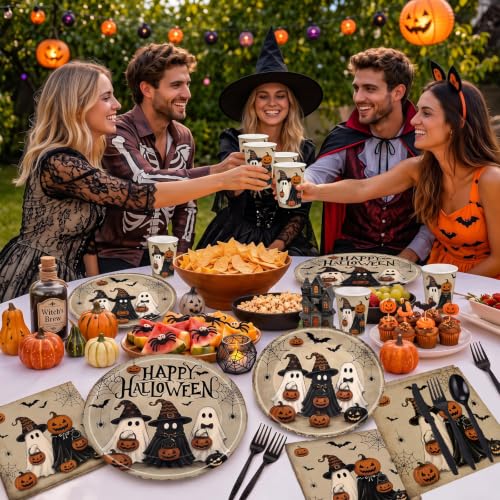 Halloween Disposable Tableware Set - 168 Pcs Ghost Pumpkin Plates Cups Napkins Cutlery