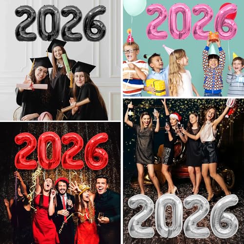 40 Inch Silver 2026 Number Balloons for New Year & Graduation Decorations – Reusable Foil Globos