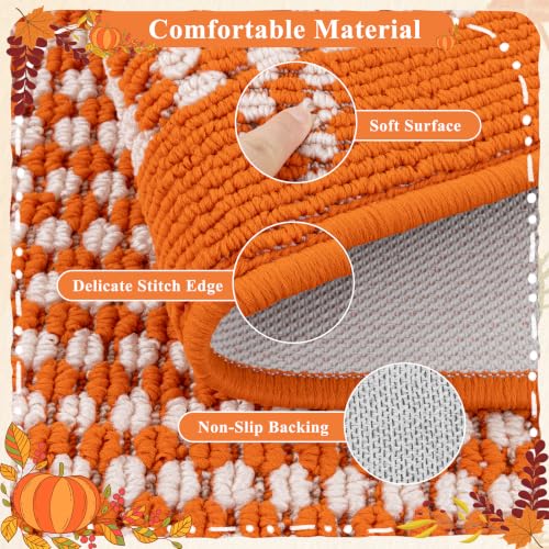 Fall Kitchen Rugs Set of 3 - Checkered Orange Autumn Runner Mats, Washable, Non-Slip