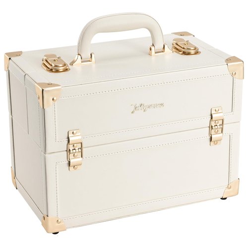 Joligrace Makeup Train Case Large Portable Cosmetic Makeup Storage Box Organizer Lockable with 4 Tray Compartments Retro Champagne Beige Vegan Leather