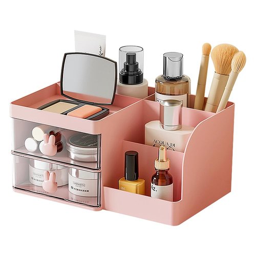 Makeup Storage Organizer with 2 Drawers, Desk Vanity Countertop Skin Care Cosmetic Display Case Make up Stands for Hair Accessories Lipstick Lotions Beauty Skincare Organizing (Pink)