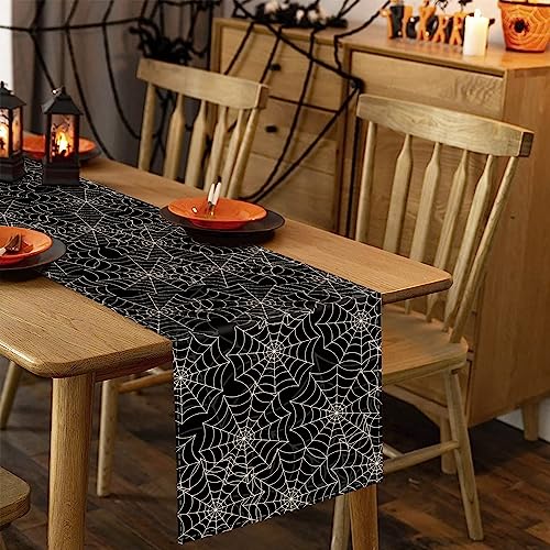 Halloween Spider Web Table Runner 13 x 72 Inch Black Linen Seasonal Decor