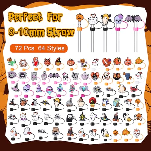 Halloween Straw Toppers Bulk Set - 72 Pcs for 30/40oz Tumblers - Spooky Designs