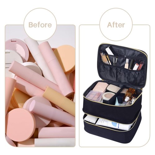 TANPADUAJI Double Layer Makeup Bag Portable Large Cosmetic Case Organizer with Adjustable Dividers Storage Travel Bag for Accessories Brushes Conditioner and Skin Care Products (Black)