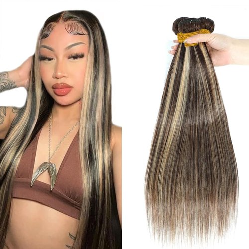 P4/613 Blonde Bundles Human Hair Straight Bundles 16 18 20 Inch Human Hair Weave 3 Bundle Unprocessed Brazilian Virgin Hair Brown Straight Human Hair Extensions 50 Grams/Bundle