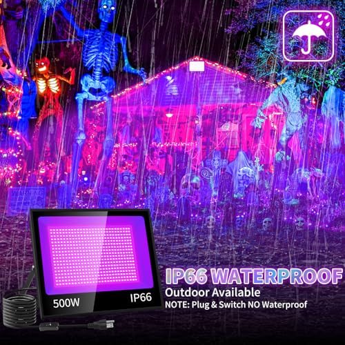 500W Black Light IP66 Flood Light with 10ft Cable - Halloween & Large Space