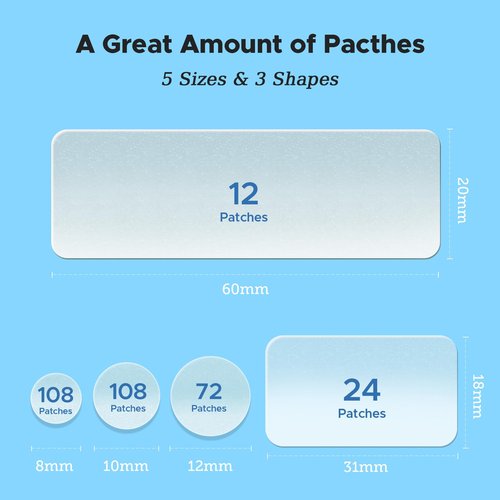 LitBear Large Pimple Patches, 5 Sizes 324 Patches Big Acne Patches, XL Hydrocolloid Bandages for Full Face, Forehead, Chin, Nose, Body, Back, Neck & Chest, Stirp, Square Large hydrocolloid Patch