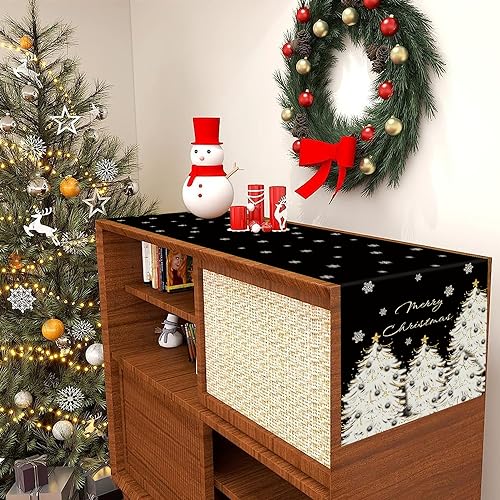 Christmas Table Runner 13x60 Inch Gold Tree Snowflake Holiday Decor - Black