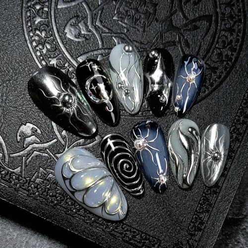 Black Medium Almond Press on Nails S Style35 Goth Handmade Reusable Fake Nails