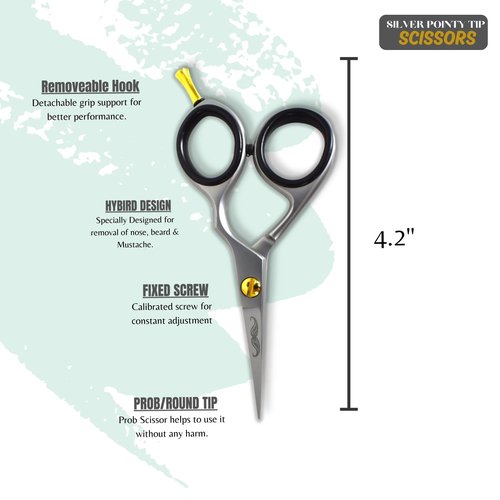Massive Bee Store Rounded-Tip Trimming Scissors for Men – Stainless Steel High Carbon Beard, Mustache, and Ear Hair Grooming Scissor (Silver-Pointy-Tip)