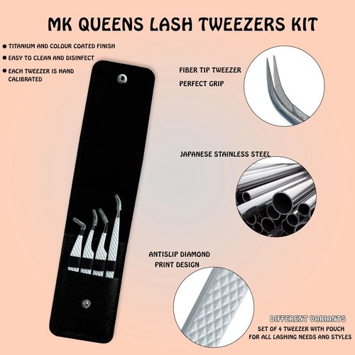 MK Queens Lash Tweezers - Stainless Steel Fiber Tip Eyelash Tweezers (Set of 4) - Diamond Grip Professional Lash Tweezers for Eyelash Extensions (White)