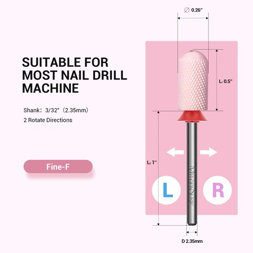 MelodySusie Ceramic Nail Drill Bit, 3/32'' Smooth Round Top Large Barrel Bits, Suitable for Manicure Pedicure Cuticle Gel Polishing, Beginners Bits, Pink, Series Bit-S, Fine