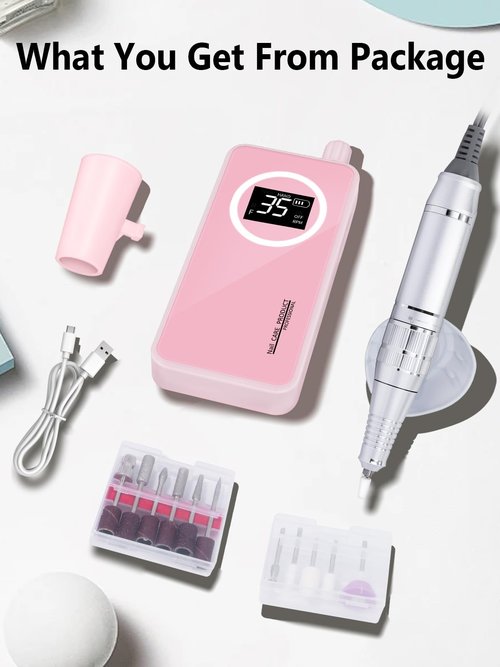 Nail Drill, Portable Electric Nail File 50000RPM, Rechargeable Nail Drill Professional with Bits for Acrylic Gel Nails, E-File Machine Manicure Polishing for Salon Home,Pink