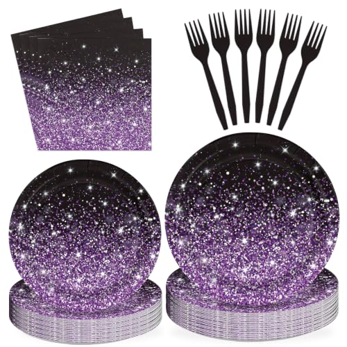 Black Purple Plates - 96Pcs Birthday Party Decorations for Girls, Serves 24, Glitter Gradient with Star Accents