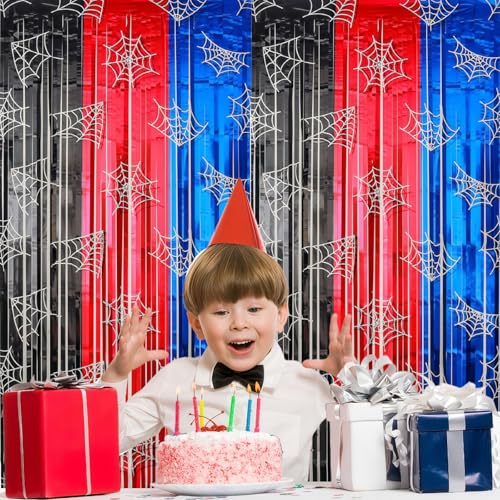 Spider Web Tinsel Fringe Curtains Set - Red Black Blue Metallic Party Backdrop & Photo Props