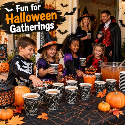 Halloween Disposable Paper Cups 9oz Spiders Web Design Black White 100 Pack - Party Supplies