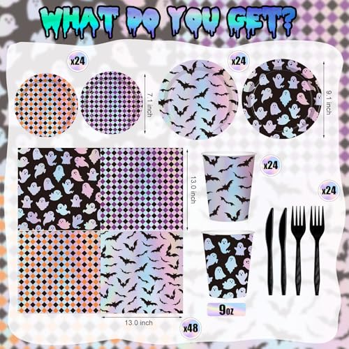 Halloween Paper Plate and Napkin Set with Ghost & Bat Laser Design - 24 Pack