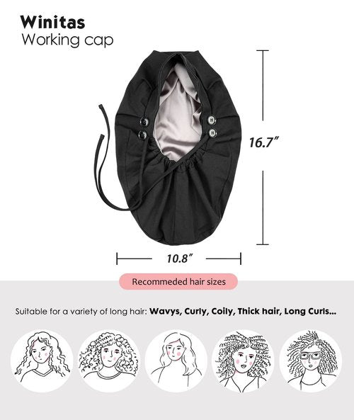 Silk Lined Work Cap with Button for Long Ponytail Hair Women Black