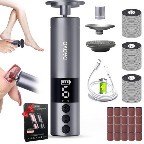 DAQVQ Electric Foot Callus Remover, 2-in-1 Cordless Pedicure Tools for Feet and Nail File with 80PCS Sandpaper Discs(3 Sizes), Aluminum Body with Adjustable Speed for Dead Skin, Cracked Heels & Home