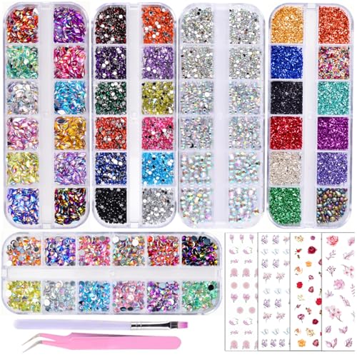 Multicolor Nail Art Rhinestones Kit 3D Flatback Horse Eye & Flower Nail Stickers - 4 Sheets & Tools (Variation: 4 Multicolor)