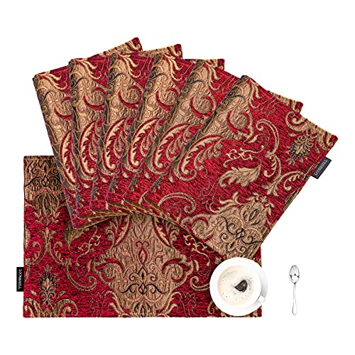 Red Chenille Damask Placemats Set of 6 - Luxury Jacquard Christmas Table Decor