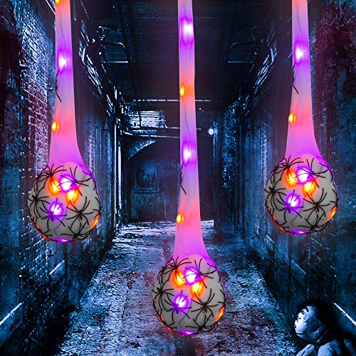 Halloween Hanging LED Spider Egg Sack Lights - Purple & Orange, 3 Pack, 3.2 ft