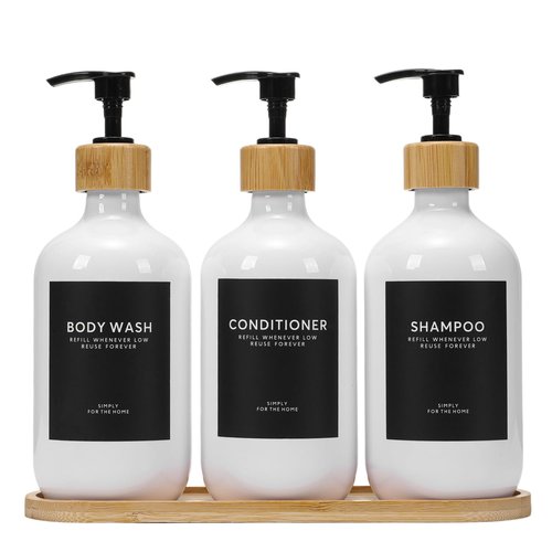 Shampoo and Conditioner Dispenser,16.9oz Set of 3 Plastic Refillable Shower Shampoo Dispenser with Bamboo Tray, Reusable Pump Bottles with Labels for Bathroom Décor (White+Bamboo Tray)