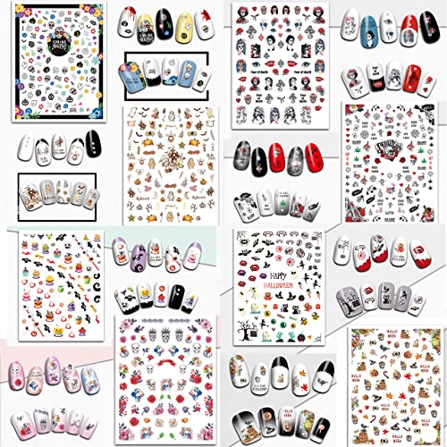 Halloween Nail Decals Stickers - 12 Sheets, Self-Adhesive Nail Art Tips, Pumpkin Bat Ghost Witches