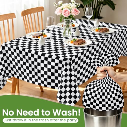 White and Black Checkered Disposable Plastic Tablecloths - 2 Pack, Waterproof, 54 x 108 inches, Rectangular for Parties