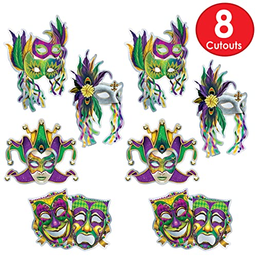 Mardi Gras Mask Decorations Set - 8 Foil Cardstock Wall Cut Outs for Carnival Party